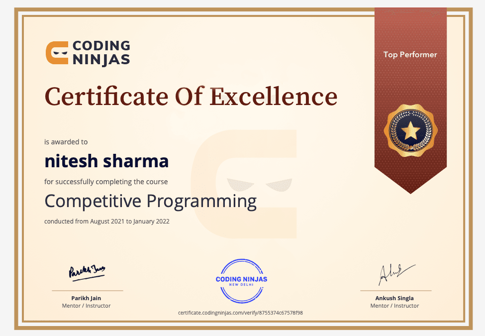 Competitive Programming, Top Performer at Coding Ninjas (60h)